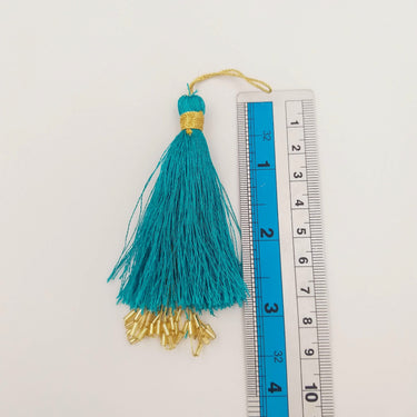Cyan Blue Tassels With Gold Beads, Beaded Thread Tassel Charms, Silky Tassels